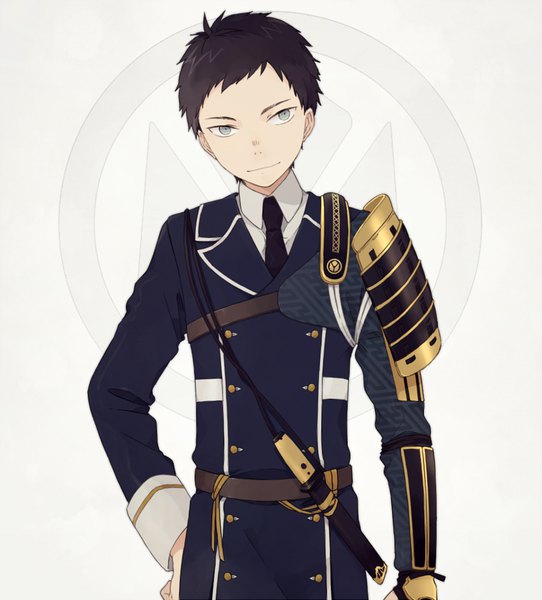 Anime picture 904x1000 with touken ranbu nitroplus atsu toushirou o-ishi single tall image short hair blue eyes black hair standing looking away hand on hip military sayagata boy uniform weapon military uniform tantou