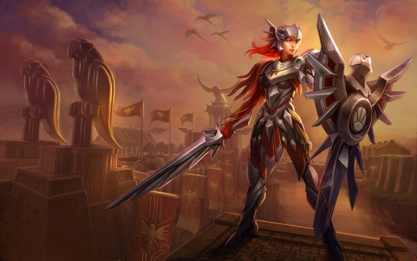 Anime picture 1400x875 with league of legends leona (league of legends) single long hair wide image red hair girl animal sword armor bird (birds) flag shield statue