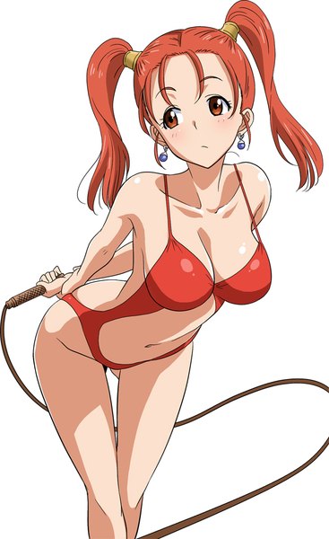 Anime picture 596x975 with dragon quest dragon quest viii jessica albert marugoshi teppei single long hair tall image breasts light erotic simple background large breasts white background twintails looking away orange hair bare belly orange eyes leaning leaning forward ass visible through thighs