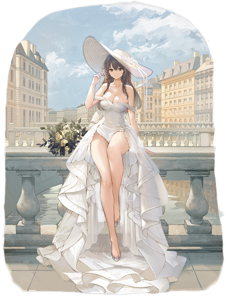 Anime picture 1562x2048 with azur lane charybdis (azur lane) charybdis (brilliant belle) (azur lane) souji hougu single long hair tall image looking at viewer fringe breasts light erotic smile hair between eyes brown hair large breasts sitting brown eyes sky cleavage cloud (clouds)