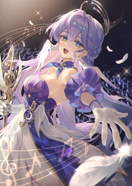 Anime picture 1200x1690 with honkai: star rail honkai (series) robin (honkai: star rail) rity single long hair tall image looking at viewer fringe breasts open mouth blue eyes smile hair between eyes standing bare shoulders signed silver hair :d twitter username
