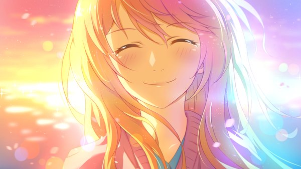 Anime picture 1792x1008 with shigatsu wa kimi no uso a-1 pictures miyazono kaori xiao ren single long hair blush fringe highres blonde hair smile wide image eyes closed wind blurry sparkle depth of field tears cherry blossoms lens flare
