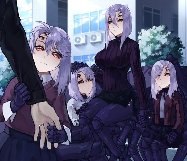 Anime picture 1470x1267 with monster musume no iru nichijou rachnera arachnera zakirsiz fringe short hair hair between eyes red eyes multiple girls looking away purple hair outdoors hair over one eye head out of frame hand on another's head arm grab insect girl if they mated girl plant (plants) tree (trees)