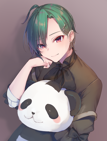 Anime picture 1000x1316 with virtual youtuber nijisanji ryuushen momoirone single tall image short hair simple background red eyes ahoge green hair light smile piercing ear piercing head rest androgynous hair ornament toy x hair ornament stuffed animal