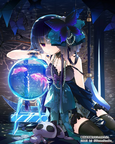 Anime picture 800x1000 with sengoku bushouki muramasa mizuno (suisuiw) single long hair tall image looking at viewer black hair red eyes girl thighhighs dress hair ornament bow black thighhighs hair bow animal insect butterfly toy stuffed animal