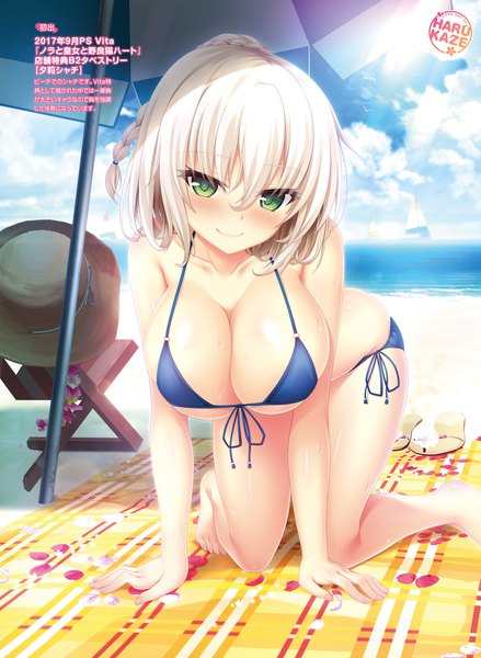 Anime picture 1404x1920 with nora to oujo to noraneko heart shachi yuri oozora itsuki single tall image looking at viewer blush fringe short hair breasts light erotic smile hair between eyes large breasts bare shoulders green eyes payot cleavage outdoors white hair
