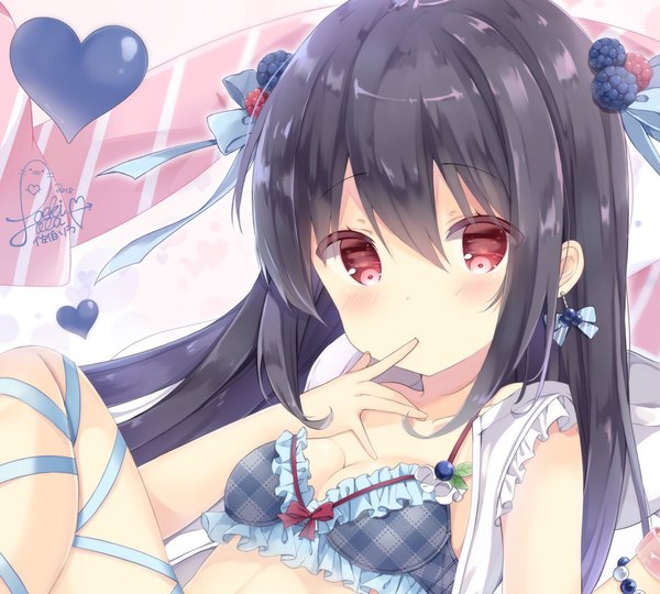 Anime picture 1200x1080 with original saeki sora single long hair looking at viewer fringe breasts light erotic black hair hair between eyes red eyes signed payot finger to mouth frilled bra girl hair ornament ribbon (ribbons) hair ribbon earrings
