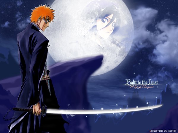 Anime picture 1600x1200 with bleach studio pierrot kurosaki ichigo kuchiki rukia night sword moon