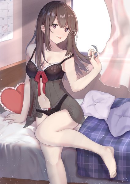 Anime picture 2894x4093 with original graffy boring single long hair tall image looking at viewer blush fringe highres breasts light erotic hair between eyes brown hair sitting bare shoulders brown eyes payot cleavage bent knee (knees) indoors