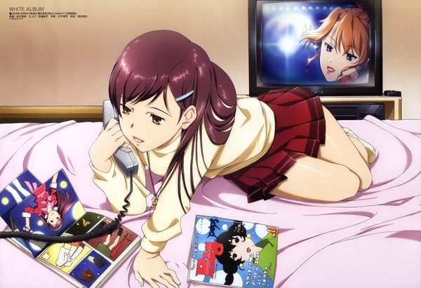 Anime picture 5936x4064 with white album ogata rina morikawa yuki highres bed phone