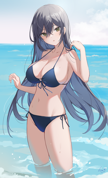 Anime picture 2263x3720 with original ikomochi single long hair tall image looking at viewer blush fringe highres breasts open mouth light erotic black hair hair between eyes large breasts standing green eyes signed sky cloud (clouds)