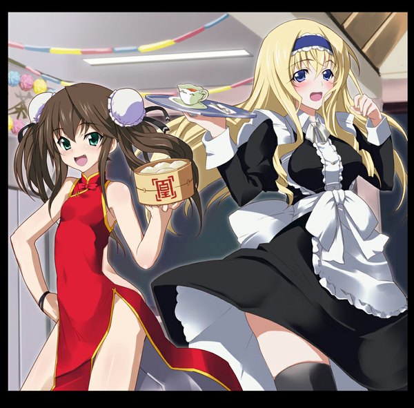 Anime picture 1000x986 with infinite stratos 8bit cecilia orcott fang linyin hd-humi long hair blush open mouth blue eyes light erotic blonde hair brown hair twintails multiple girls green eyes chinese clothes girl dress 2 girls food