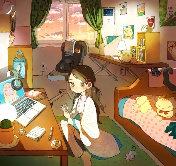 Anime picture 2180x2060 with original tao (tao15102) single long hair blush highres brown hair sitting twintails brown eyes sky indoors evening sunset drawing girl plant (plants) animal window headphones