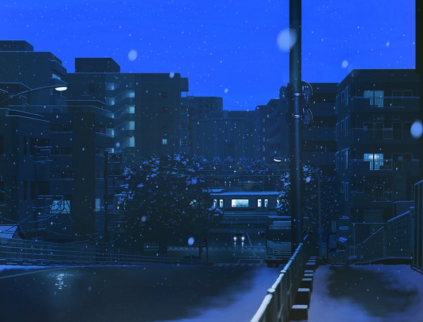 Anime-Bild 1600x1217 mit original doora (dora0913) sky night city snowing winter snow cityscape no people scenic plant (plants) tree (trees) building (buildings) ground vehicle car power lines road pole truck