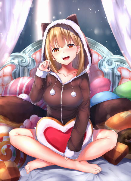 Anime picture 2674x3682 with original agibe single long hair tall image looking at viewer blush fringe highres breasts open mouth blonde hair smile hair between eyes red eyes sitting full body head tilt :d barefoot