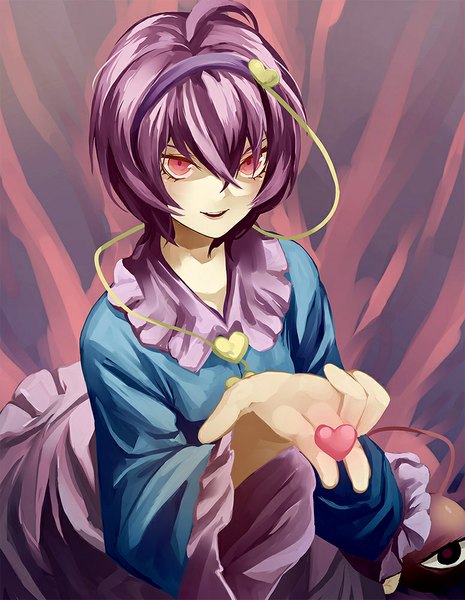 Anime picture 775x1000 with touhou komeiji satori eredhen single tall image fringe short hair smile looking away purple hair ahoge parted lips pink eyes from above outstretched arm girl heart headband eye