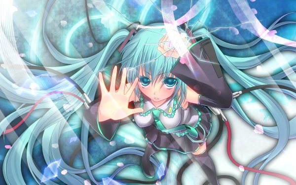 Anime picture 1200x750 with vocaloid hatsune miku cube (maryquant) single long hair blue eyes wide image twintails green hair girl thighhighs detached sleeves necktie