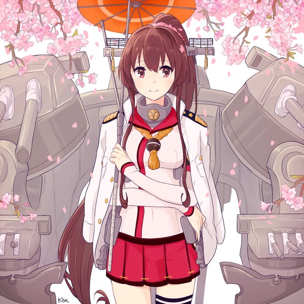 Anime picture 1200x1200 with kantai collection yamato super battleship kise (swimmt) single long hair looking at viewer blush red eyes brown hair ponytail traditional clothes japanese clothes cherry blossoms girl thighhighs weapon plant (plants) petals tree (trees) jacket