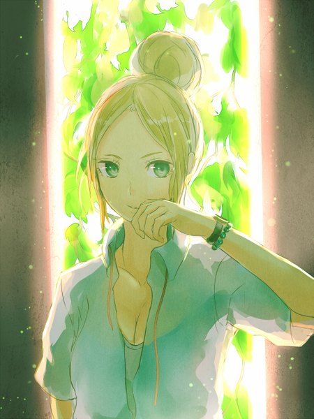 Anime picture 1000x1333 with original djyui single long hair tall image looking at viewer blonde hair smile green eyes sunlight open clothes open jacket sunbeam girl jacket bracelet leaf (leaves) clock beads pocket watch