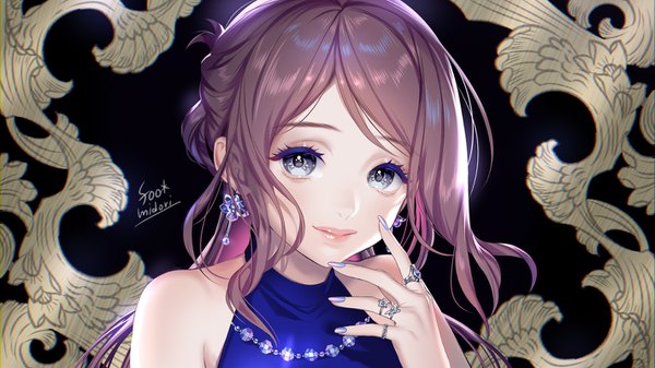 Anime picture 1422x800 with original midori foo single long hair looking at viewer fringe blue eyes smile brown hair wide image bare shoulders signed payot upper body nail polish fingernails lips hair bun (hair buns) black background long fingernails