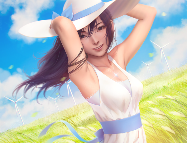 Anime picture 1620x1242 with original miura-n315 single long hair looking at viewer fringe black hair smile hair between eyes sky cloud (clouds) upper body parted lips wind black eyes realistic armpit (armpits) arms behind head girl dress