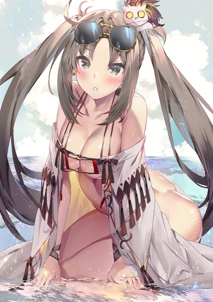 Anime picture 566x800 with fate (series) fate/grand order yu mei-ren (fate) yu miaoyi (swimsuit lancer) yoshimoto (dear life) single long hair tall image looking at viewer blush fringe breasts light erotic brown hair large breasts sitting twintails brown eyes payot sky