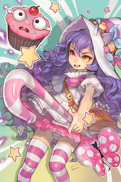 Anime picture 666x1000 with league of legends lulu (league of legends) bittersweet lulu racoona single long hair tall image light erotic purple hair heterochromia girl thighhighs dress underwear panties hat food sweets witch hat striped thighhighs