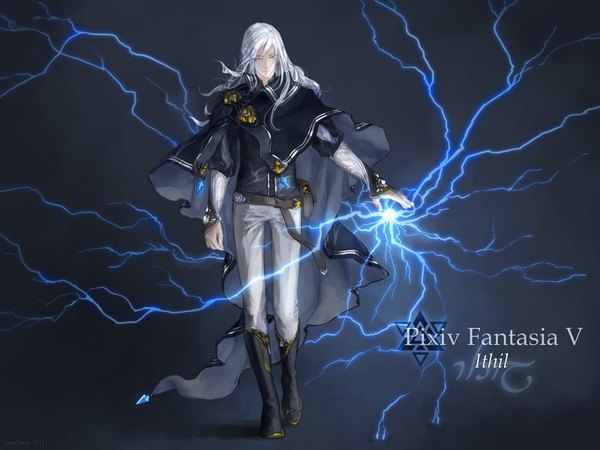 Anime picture 1600x1200 with original pixiv fantasia pixiv fantasia v jane mere long hair simple background white hair pointy ears grey eyes magic lightning electricity boy shoes belt cloak crystal