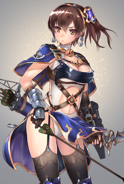 Anime picture 965x1427 with kantai collection kaga aircraft carrier tadano magu single tall image blush fringe short hair breasts light erotic simple background hair between eyes brown hair large breasts standing holding brown eyes looking away bare belly gradient background