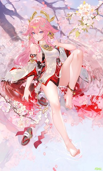 Anime picture 1500x2484 with genshin impact yae miko atdan single long hair tall image looking at viewer fringe breasts light erotic smile hair between eyes sitting purple eyes holding signed animal ears pink hair full body bent knee (knees)