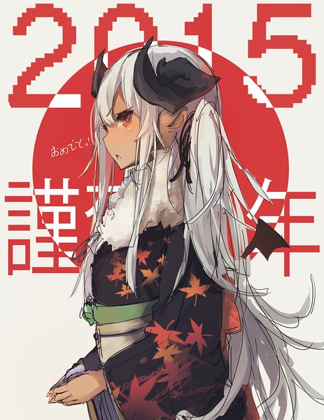 Anime picture 800x1035 with original shu-cem single long hair tall image looking at viewer fringe red eyes standing white hair long sleeves traditional clothes parted lips japanese clothes profile horn (horns) inscription wide sleeves side ponytail new year