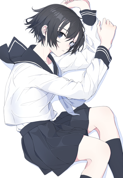 Anime picture 813x1173 with original aspara single tall image looking at viewer fringe short hair open mouth black hair simple background hair between eyes white background bent knee (knees) lying long sleeves pleated skirt black eyes :o on side girl