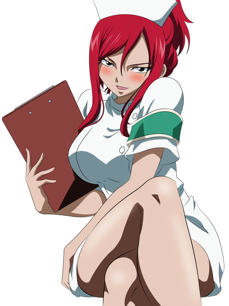 Anime picture 3257x4352 with fairy tail erza scarlet single long hair tall image blush highres open mouth light erotic red eyes absurdres red hair transparent background vector nurse girl nurse cap
