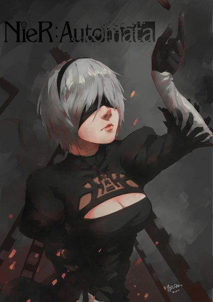 Anime picture 877x1240 with nier nier:automata yorha no. 2 type b zuosi zhichu single tall image short hair breasts signed cleavage silver hair upper body arm up mole copyright name mole under mouth blindfold girl dress gloves