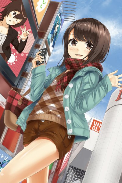 Anime picture 767x1150 with original vocaloid hatsune miku heirou single tall image looking at viewer blush short hair open mouth brown hair brown eyes girl jacket shorts scarf building (buildings) sweater mobile phone phone