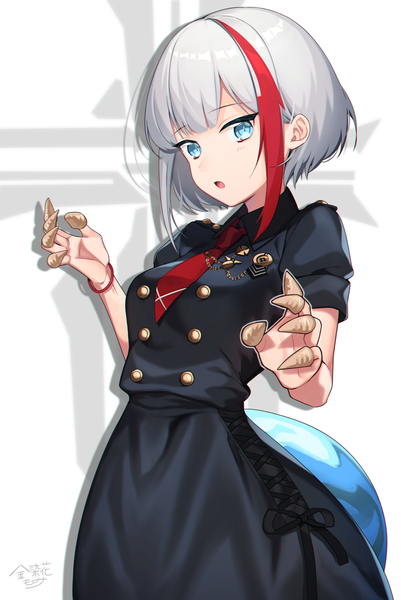 Anime picture 1137x1701 with azur lane admiral graf spee (azur lane) admiral graf spee (maiden's sunday) (azur lane) kinsenka momi single tall image looking at viewer fringe short hair open mouth simple background payot silver hair red hair multicolored hair aqua eyes two-tone hair :o streaked hair girl
