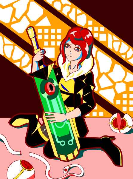 Anime picture 2481x3335 with transistor (game) red (transistor) fenno7 single tall image highres short hair blue eyes holding looking away full body red hair high heels girl weapon sword boots thigh boots robot