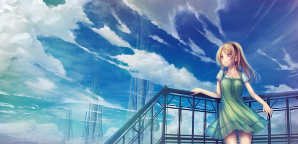 Anime picture 3000x1450 with original tenmaso single fringe highres blonde hair red eyes wide image standing looking away sky cloud (clouds) outdoors light smile wind landscape girl dress headband railing