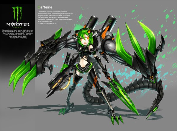 Anime picture 1400x1035 with original gia single short hair open mouth looking away tail green hair grey background orange eyes text mecha musume girl navel weapon claws mecha