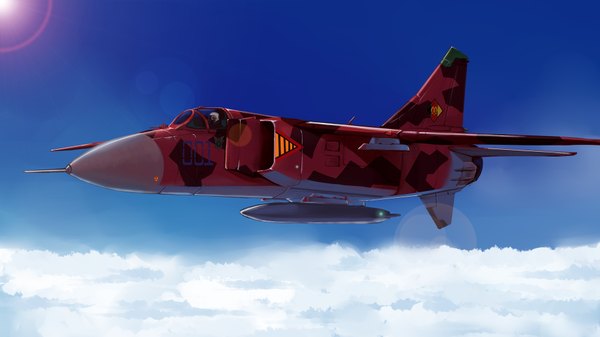 イラスト 1920x1080 と マブラヴ オルタネイティヴ シュヴァルツェスマーケン マブラヴ ミズキ highres wide image 空 cloud (clouds) flying ミリタリー 武器 飛行機 jet ミサイル mig-23