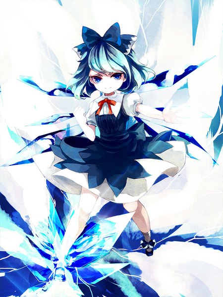 Anime picture 750x1000 with touhou cirno awa toka single tall image looking at viewer short hair blue eyes smile blue hair girl dress bow hair bow wings ice