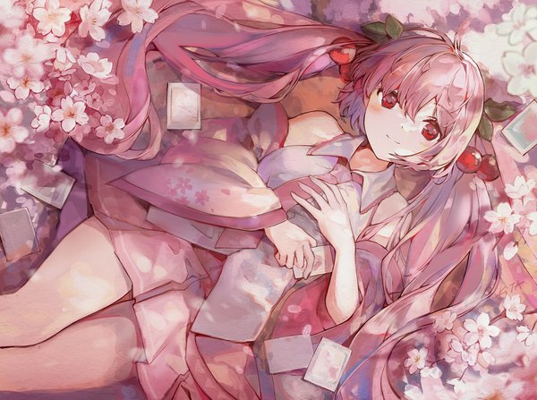 Anime picture 2300x1715 with vocaloid hatsune miku sakura miku kita (kitairoha) single long hair highres smile red eyes twintails pink hair outdoors lying on back cherry blossoms girl flower (flowers) detached sleeves necktie fruit