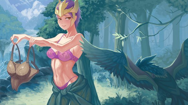 Anime picture 1422x800 with league of legends quinn (league of legends) valor (league of legends) hayate (leaf98k) single short hair light erotic wide image brown eyes looking away purple hair girl navel underwear panties plant (plants) animal tree (trees) lingerie bra