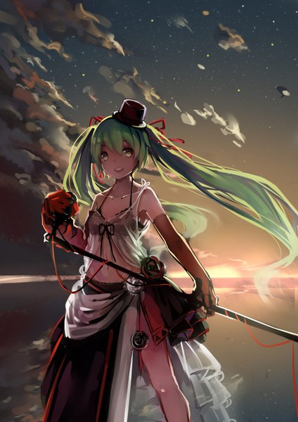 Anime picture 2480x3507 with vocaloid hatsune miku hei yan-m82a1 single tall image looking at viewer highres twintails very long hair aqua eyes aqua hair evening sunset girl dress hat microphone