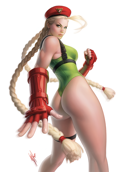 Anime picture 900x1260 with street fighter capcom cammy white warrenlouw single tall image looking at viewer light erotic simple background blonde hair standing white background green eyes signed ass braid (braids) very long hair looking back realistic twin braids