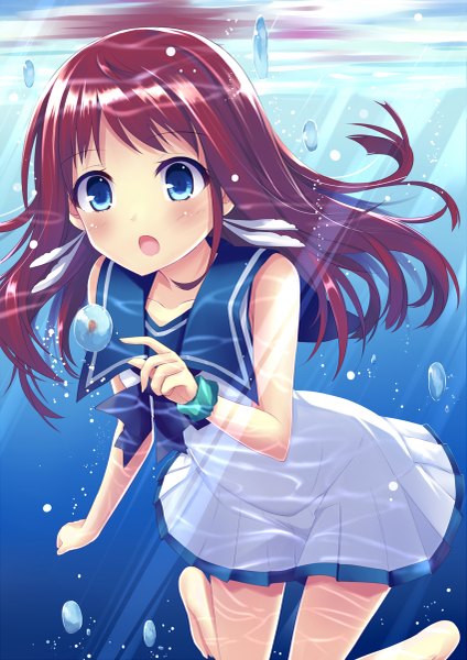 Anime picture 849x1200 with nagi no asukara p.a. works mukaido manaka aixioo single long hair tall image looking at viewer blush open mouth blue eyes red hair underwater girl dress bubble (bubbles)