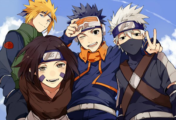 Anime picture 1000x688 with naruto studio pierrot naruto (series) hatake kakashi uchiha obito namikaze minato nohara rin ekkoe looking at viewer short hair blue eyes blonde hair smile brown hair sky cloud (clouds) one eye closed wink grey hair black eyes