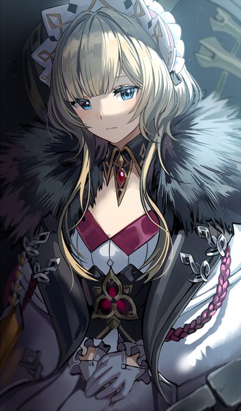 Anime picture 700x1190 with genshin impact sandrone (genshin impact) silence girl single long hair tall image looking at viewer blush fringe blue eyes blonde hair upper body blunt bangs long sleeves blurry fur trim shaded face hands clasped clothes on shoulders girl
