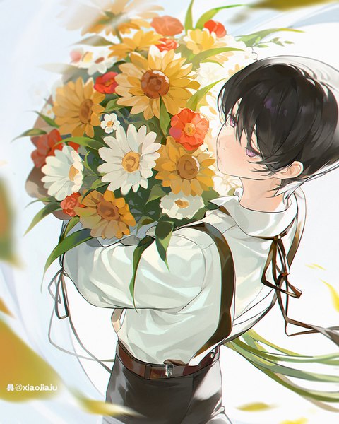 Anime picture 800x1000 with original xiaojiaju single tall image fringe short hair black hair hair between eyes purple eyes signed looking away from above boy flower (flowers) shirt white shirt bouquet
