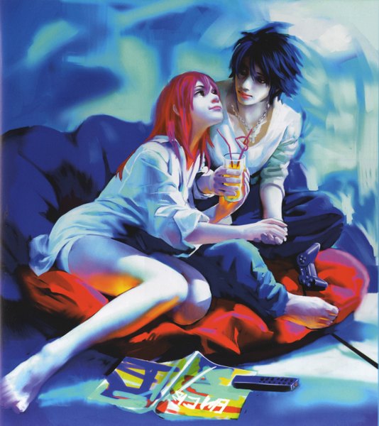 Anime picture 2239x2514 with benjamin (zhang bin) long hair tall image highres short hair blue hair pink hair black eyes holding hands girl boy shirt drink glass playstation